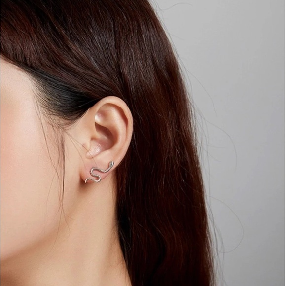 925 Sterling Silver Snake Studs Punk Earrings, Unisex Hypoallergenic Earrings - Picture 5 of 8